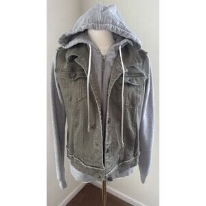 Peace Love World Distressed Utility Jacket Hoodie XS Green Gray Raw Edge